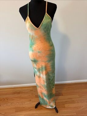 Aria Green & Orange Tie-Dye Spaghetti-Strap Maxi Dress
